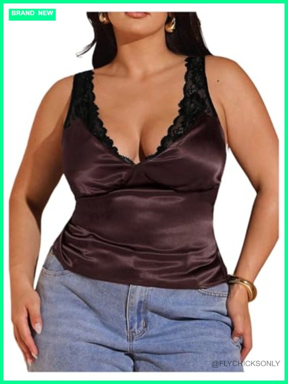 Plus Size Satin Tank Top Lace Trim Ruched V Neck Sleeveless Blouse